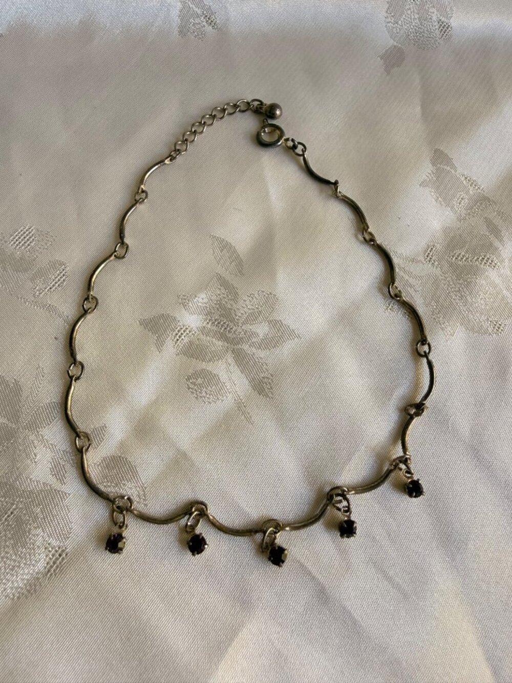 Silver-Tone Wavy-Beaded Anklet w/ Purple Rhinestone Dangle Charms